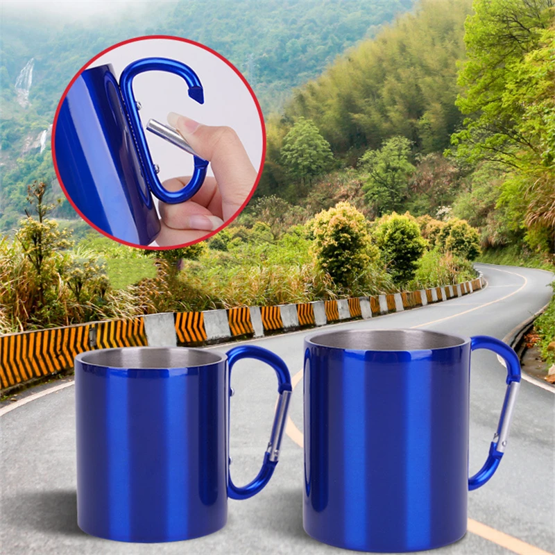 Camping Mug 220/300ML Travel Stainless Steel Cup with Handle Carabiner Outdoor - £9.83 GBP+