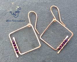 Handmade copper earrings: square spiral hoops and wire wrapped purple iris beads - £19.98 GBP