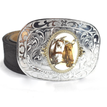 Vtg Silver tone Oval Metal Belt Buckle Horse Heads Porcelain Cameo Style w/Belt - £23.18 GBP