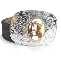 Vtg Silver tone Oval Metal Belt Buckle Horse Heads Porcelain Cameo Style w/Belt - £23.22 GBP