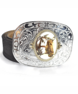 Vtg Silver tone Oval Metal Belt Buckle Horse Heads Porcelain Cameo Style... - $556.56 MXN