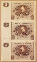 Sweden Lot Of 3 Banknotes 5 Kronor From 1954 - 1956 Xf - A Unc No Reserve - $27.66