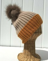 Winter Stretchy Two-Tone Beanie Knit Faux Fuzzy Fur Pom Skull Cuffed Cap  #K - £8.35 GBP