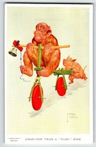 Monkey Pig Push Bike Bicycle Postcard Larson Wood Signed Fantasy Anthropomorphic - £22.38 GBP