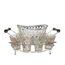 Jeannette Glass MCM Set Clear Ice Bucket 8 Glasses Gold Wire Holder Diam... - £86.01 GBP