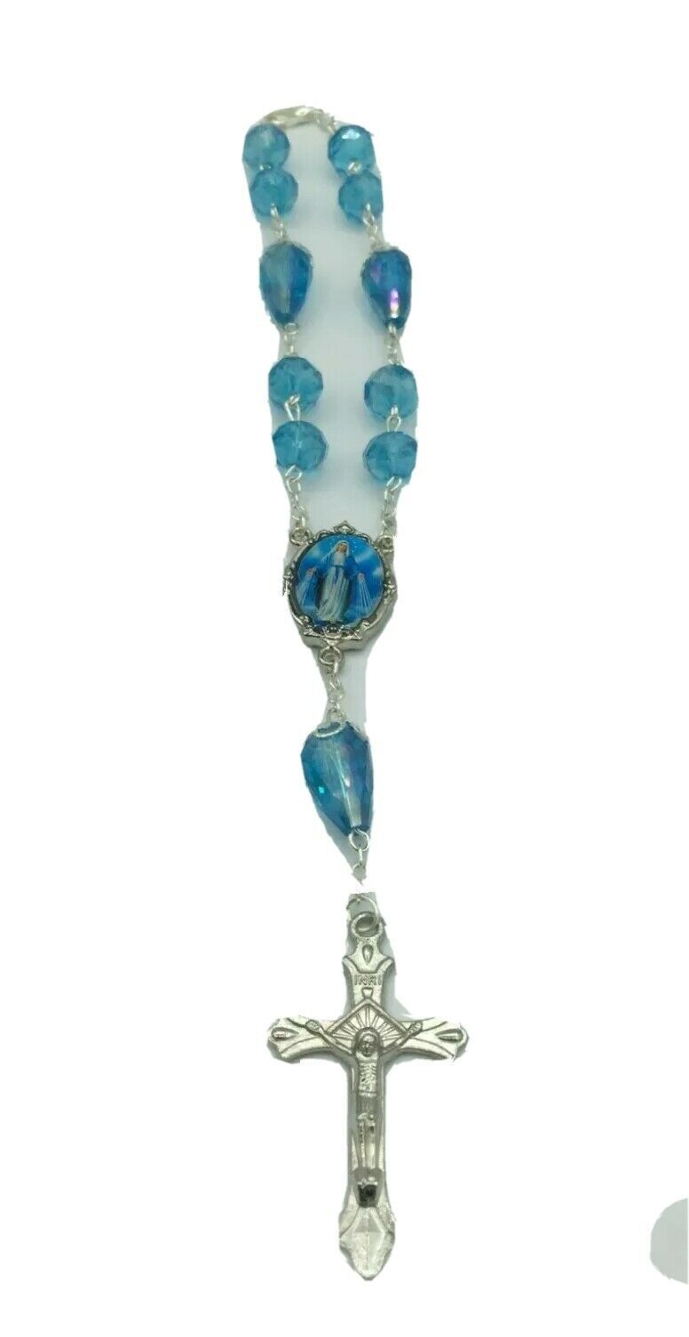 Our Lady of Grace Blue Crystal Beads Car Rearview Catholic Auto Rosary M... - $12.75