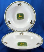 Gibson John Deere Tractor Rimmed Soup Bowls 9in Set of 2 White and Green - $23.00