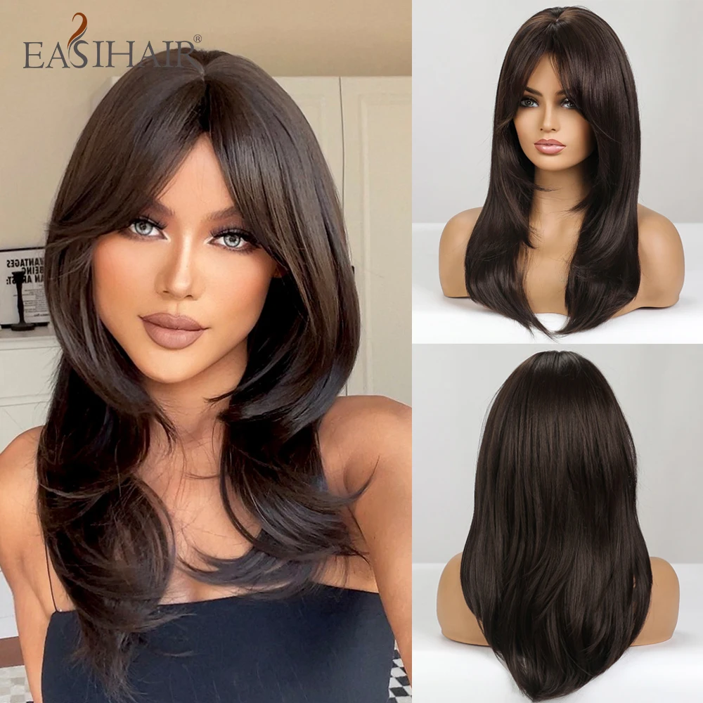 Ium length layered natural hair wig dark brown wavy synthetic wigs for women with bangs thumb200