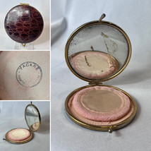 Vtg Yacare Leather Compact Kiss Clasp Mirrored Powder Box With Puff &amp; Sc... - £31.61 GBP