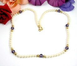 Faux Pearl Necklace Vintage Beaded With Purple Glass &amp; Goldtone Beads 24&quot; - £13.36 GBP