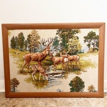 Vintage Raised Fabric Deer Scene Framed Art Wall Hanging Picture Cabin Art Wood - £39.61 GBP