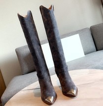 Ow suede leather women long boots knee high half bootie metal toe pointed toe high heel thumb200