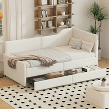 Twin L-Shaped Corduroy Daybed with 2 Storage Drawers, Beige Upholstery - $340.99