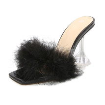Furry Fluffy Women High Heels Slippers Summer Outdoor Sandals Plush Designer Wom - £42.85 GBP