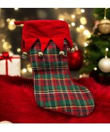 Vintage Christmas Stocking with Jingle Bells red velvet green plaid yell... - $31.02 CAD