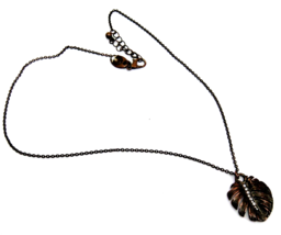Charming Charlie Bronze Copper Color Necklace w Banana Leaf Pendant &amp; Rhinestone - £8.55 GBP