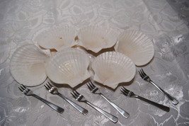 6 Scallop Natural Seahshell Appetizer sUSHI Plates With Forks - £7.95 GBP