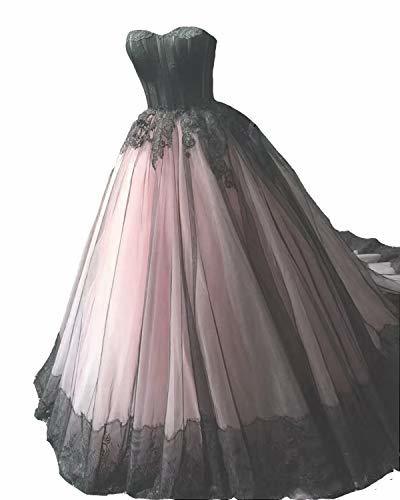 Kivary Black Lace Tulle Ball Gown Gothic Long Formal Prom Wedding Dress Nude Pin