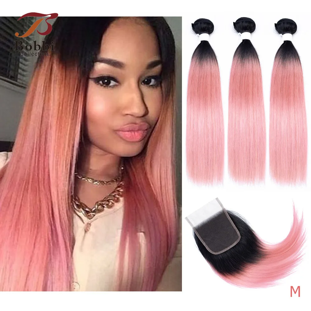 2/3 Bundles With 4x4 Lace Closure Ombre Hot Pink Rose Golden Straight - £153.85 GBP+