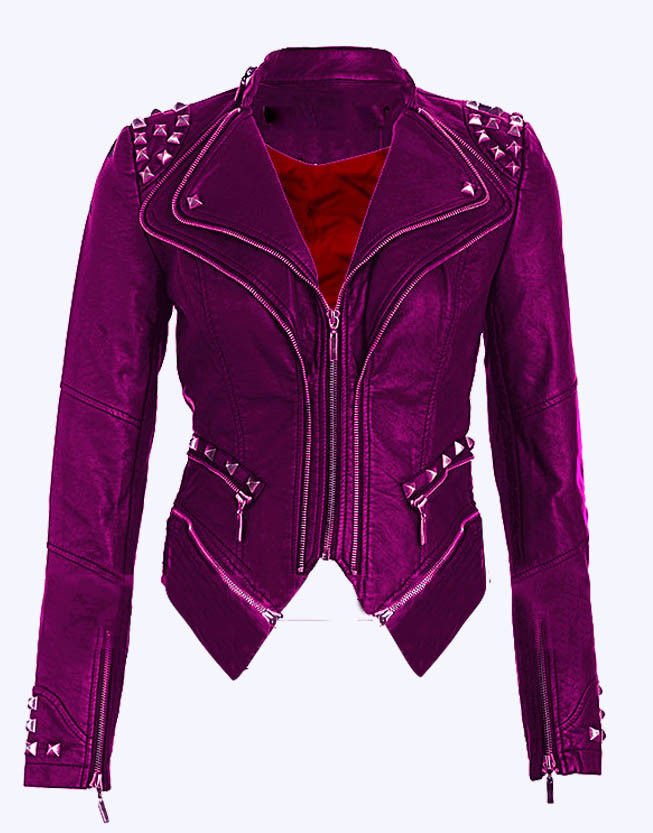 New Woman WWE Paige Purple Silver Studded Punk Cowhide Leather Jacket 2019