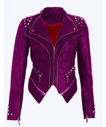New Woman WWE Paige Purple Silver Studded Punk Cowhide Leather Jacket 2019 - $260.99