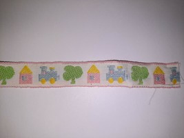 VTG Sweet Juvenile Baby Pastel Woven Trim ~ Blue Train Pink House Green Tree 50&quot; - £3.84 GBP