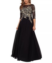 BETSY &amp; ADAM Petite Floral-Embroidered Mesh Gown Black/Gold Size 8P $299 - £126.45 GBP