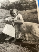 Real BW Photo School Girl 1942 Id’d Vera Olson Iowa ? Hugs Dog Golden Retriever - £13.37 GBP