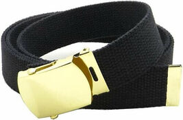 NEW MILITARY BLACK BELT GOLD BUCKLE &amp; GOLD TIP ADJUSTABLE WAIST 19" - 45... - $9.97