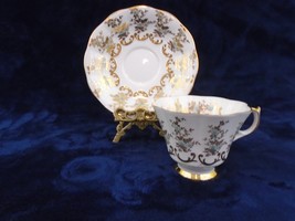 Queen Anne #1674 Delicate Gold Lace Blue Floral  Bone China Tea Cup and Saucer - £11.83 GBP