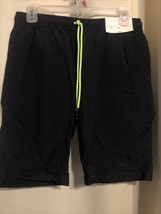 37C NWT Arizona Men&#39;s Small Swim Trunks Solid Black Neon Green Drawstring - £7.52 GBP