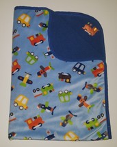 Tiddliwinks Blue Fleece Baby Blanket Lovey Trains Airplanes Cars Vehicles 30x40 - $29.65
