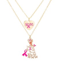 2 Pcs Heart Pendant Pink Ribbon Hope Gold Plated Chain Layered Women Necklace - £30.19 GBP