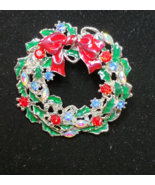 Festive Christmas Wreath Brooch Pin Red Bow Multi Color Austrian Crystal... - $39.10 CAD