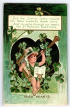 St Patrick&#39;s Day Postcard Irish Heats Child With Harp &amp; Horn Irish Ireland 1908 - £14.28 GBP