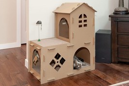Farmhouse Multi-Level Cat Scratcher Hideout w/ Catnip - Cardboard Brown, One Siz - £47.45 GBP