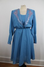 Vtg Ursula of Switzerland 9/10 Blue Crepe Floral Applique Fit Flare Dress - £30.10 GBP