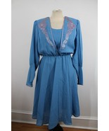 Vtg Ursula of Switzerland 9/10 Blue Crepe Floral Applique Fit Flare Dress - £29.89 GBP