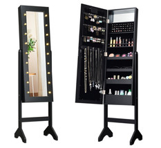 Jewelry Cabinet Armoire Organizer Stand Mirrored LED lights Black Freestanding - £145.44 GBP