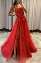 Red Spaghetti Strap Lace Long Prom Dresses,A-Line Evening Dress with Slit - £142.79 GBP