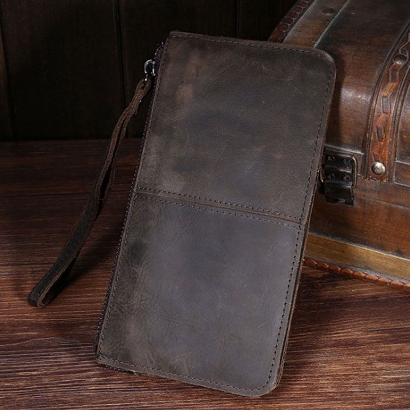 Primary image for Men Leather Handbag Vintage Brown Money Phone Holder Clutch Bag With Wrist Strap