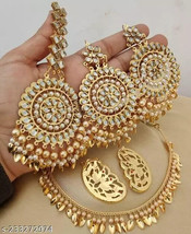Joharibazar Gold Plated Kundan Chain Earring Necklace Hair Pin Jewelry Set - £21.50 GBP