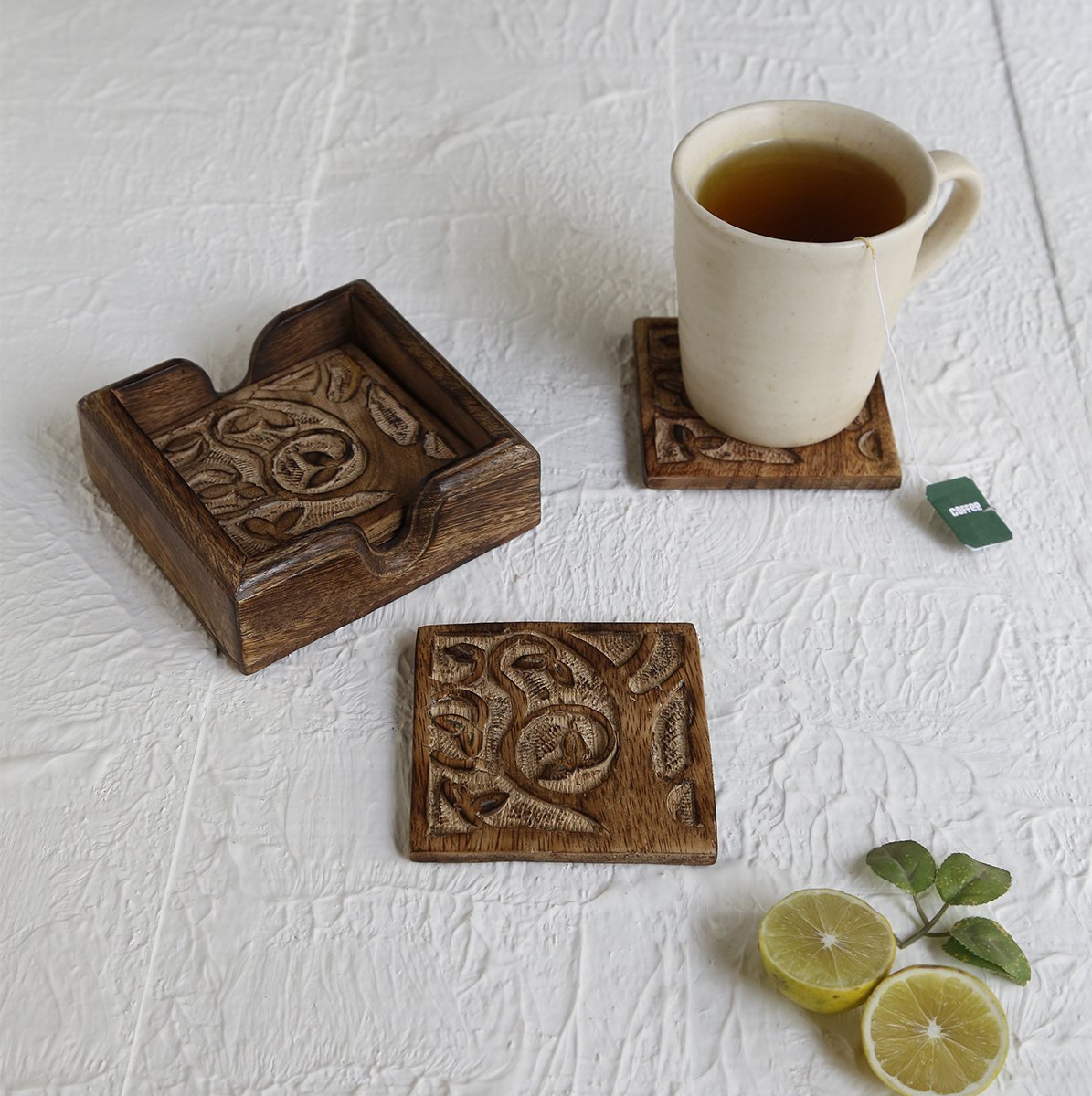 storeindya, Square Drink Coasters Handmade Set of 4 Coasters with Holder... - $17.21
