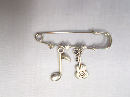 2&quot; Brooch 3 Crystal Pin W Music Note &amp; Fancy Bass Guitar Dangling Musical Charms - £4.77 GBP