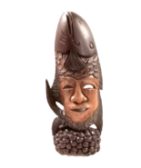 African Face Fish Mask Wood Hand carved Wall Hanging Sculpture - $32.73