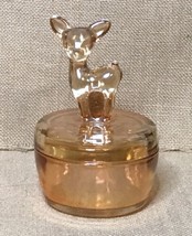 Vintage Jeanette Glass Iridescent Marigold Deer Fawn Powder Vanity Dish - £14.09 GBP