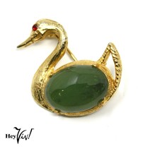 Vintage Jelly Belly Swan Pin - Green &amp; Gold w Red Rhinestone Eye - 1.5&quot; -Hey Viv - £12.53 GBP