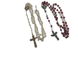 2 Vintage Crystal Beads Rosary Necklace Catholic Holy Cross Silver Tone ... - $53.10