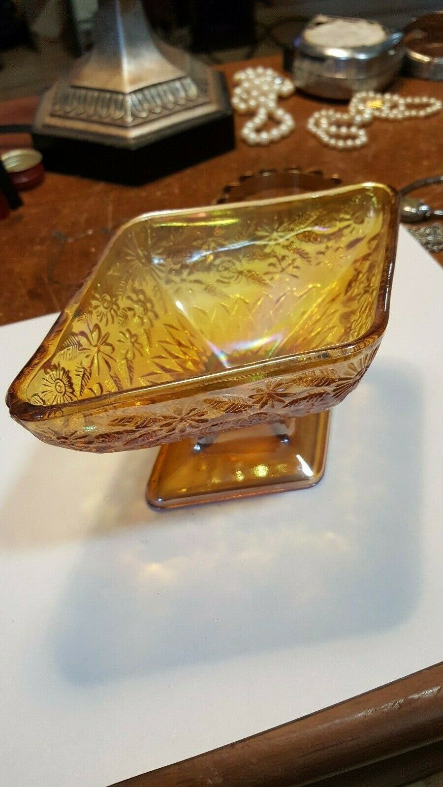 INDIANA GLASS MARIGOLD CARNIVAL glass DIAMOND Candy Dish PINEAPPLE &amp; FLORAL - $10.77