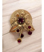 Vintage Gold Tone Red Rhinestone Metal Flower Pin Brooch Daisy Leaves Su... - $173.53 MXN
